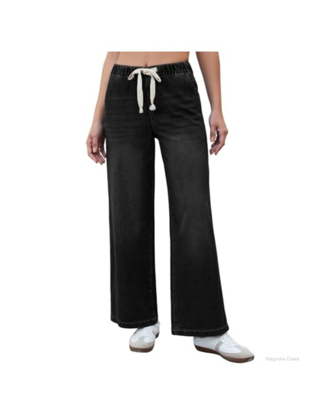 Wide Leg High Rise Pull On Stretch Jeans Elastic Waist Drawstring Pockets